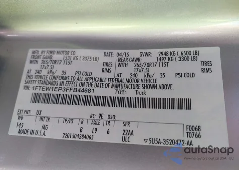 2015 Ford F-150 Xlt from USA, damaged, VIN 1FTEW1EP3FFB44681